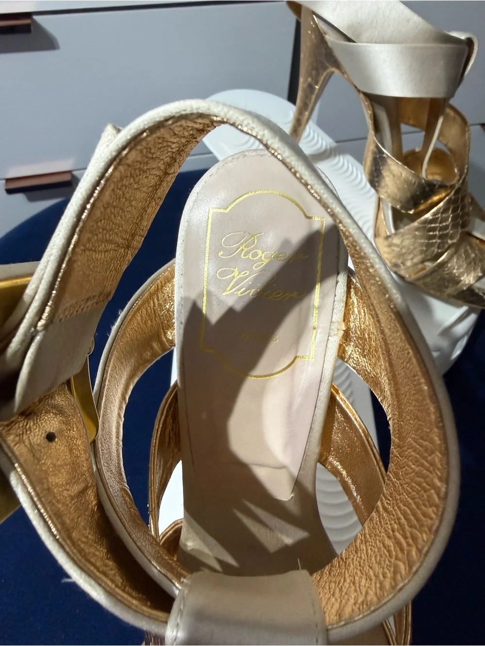 Roger Vivier Gold and Cream Strappy Platform Sandals
